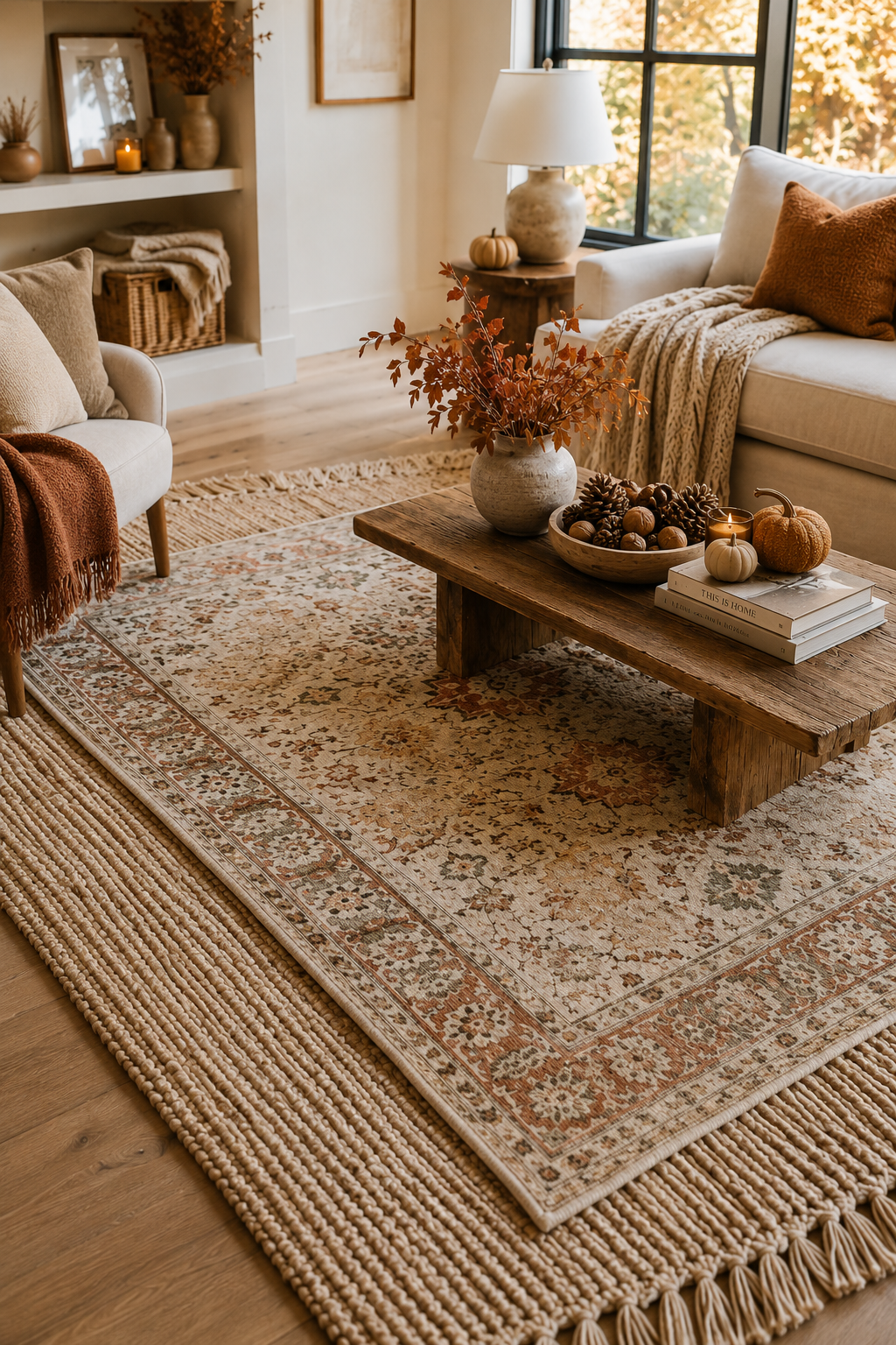 Cozy fall living room decor with layered statement rugs, warm wood coffee table, autumn branches, pumpkins, textured pillows, and soft neutral seating.