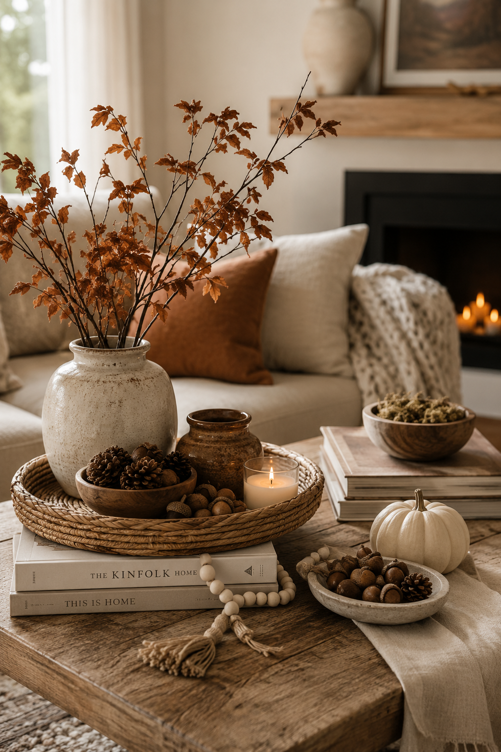 Cozy fall living room decor with natural fall accents, autumn branches, pinecones, acorns, white pumpkin, candle, wood coffee table, and neutral sofa.