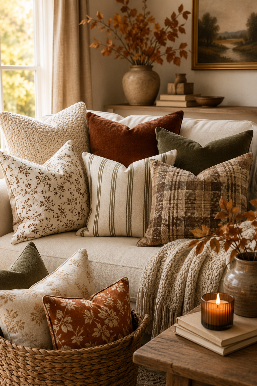 Cozy fall living room decor with seasonal pillow covers, cream sofa, rust and olive pillows, plaid and floral patterns, chunky throw blanket, candle, and autumn branches.