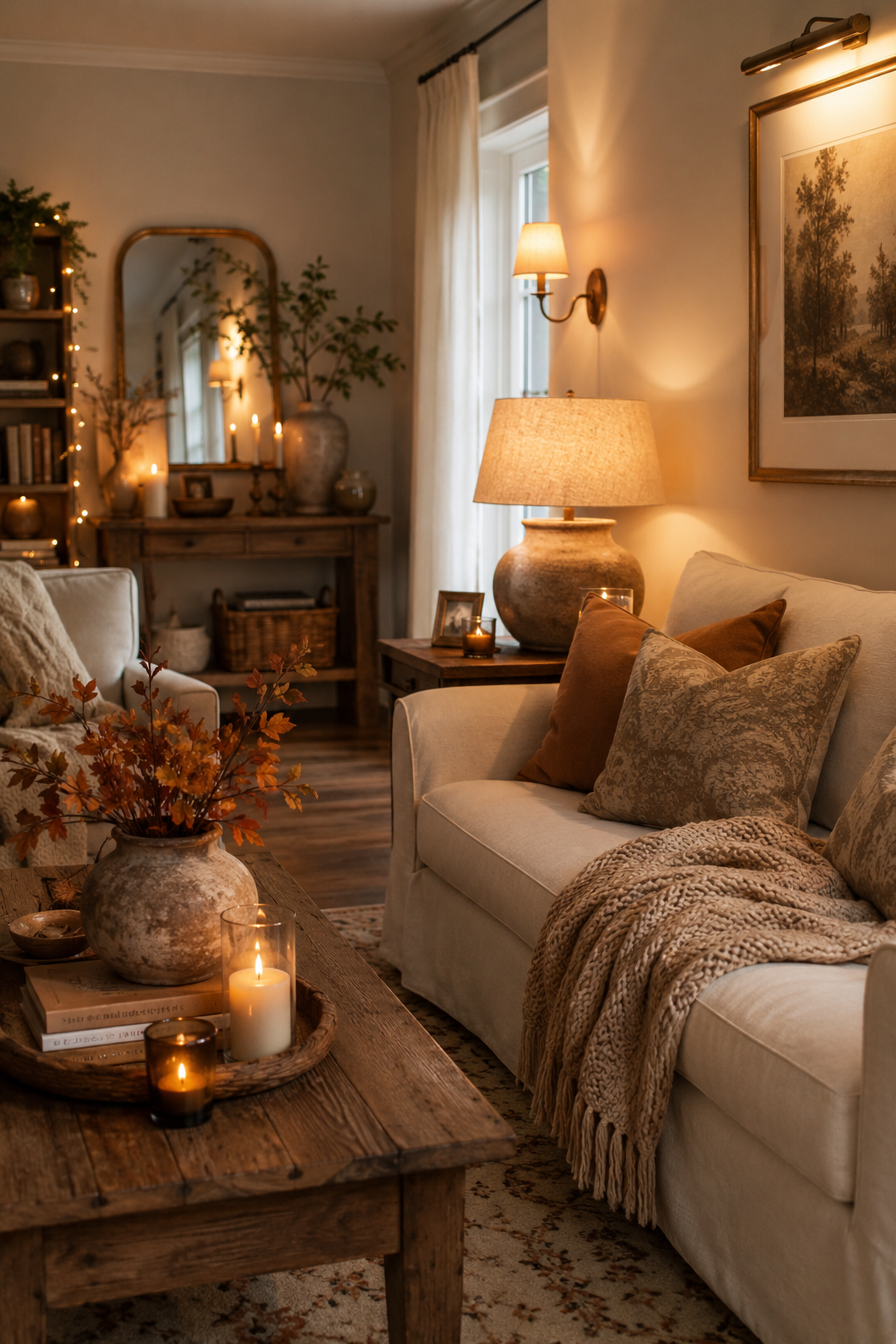 Cozy fall living room decor with soft ambient lighting, glowing candles, warm table lamps, cream sofa, textured throw blanket, and autumn branches.