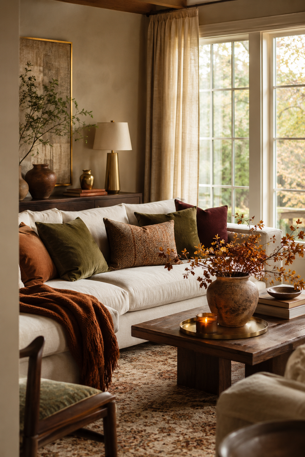 Cozy fall living room decor with warm earthy colors, cream sofa, rust throw blanket, olive pillows, wood coffee table, and autumn branches.