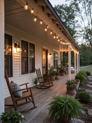 Inviting farmhouse porch at dusk with warm string lights, wooden rocking chairs, potted plants, and lantern-style wall sconces creating a cozy, welcoming atmosphere.