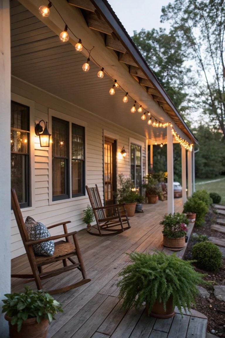 Inviting farmhouse porch at dusk with warm string lights, wooden rocking chairs, potted plants, and lantern-style wall sconces creating a cozy, welcoming atmosphere.