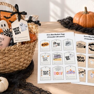 Boo basket with a printable Halloween tag beside two sheets of 18 free boo basket tag designs.