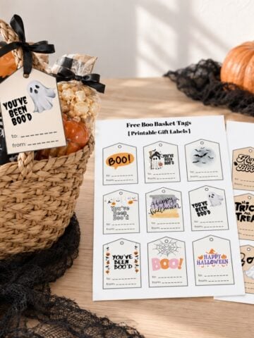 Boo basket with a printable Halloween tag beside two sheets of 18 free boo basket tag designs.
