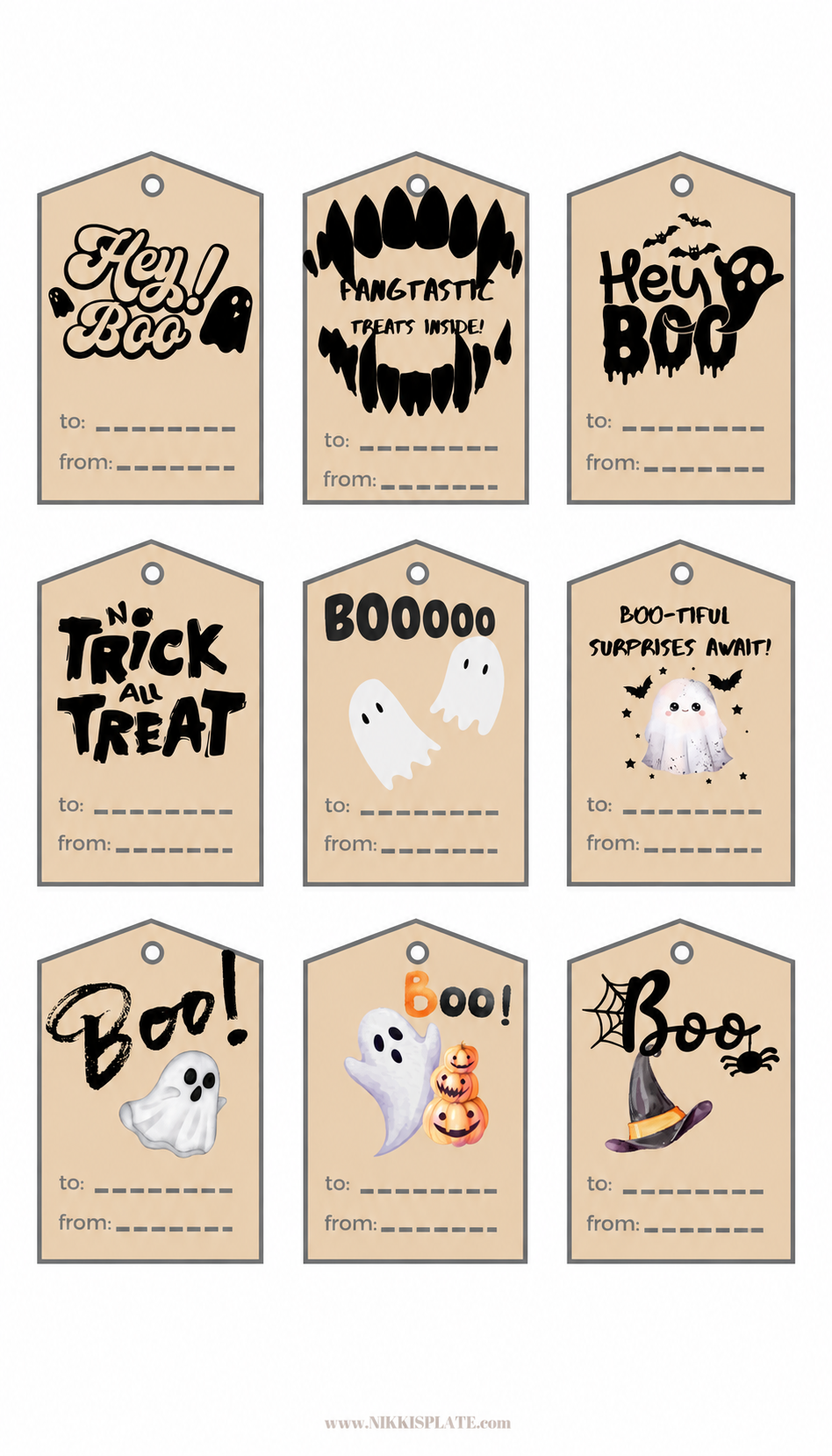 Second printable sheet of nine kraft-style boo basket tags with Halloween sayings, ghosts, pumpkins and To and From lines.