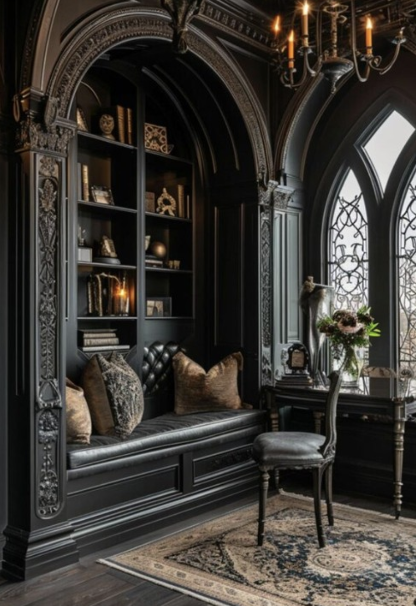 Gothic-inspired reading nook with dramatic black paneling, ornate arches, tufted leather bench, and tall arched windows