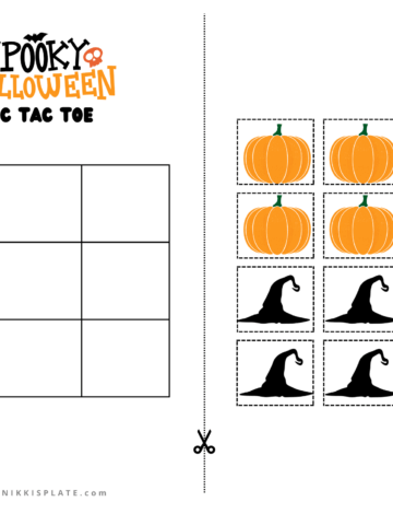 Halloween tic-tac-toe printable with pumpkin and bat icons for kids