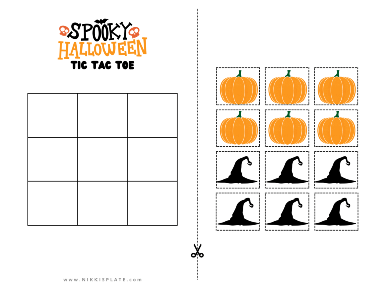 Halloween tic-tac-toe printable with pumpkin and bat icons for kids