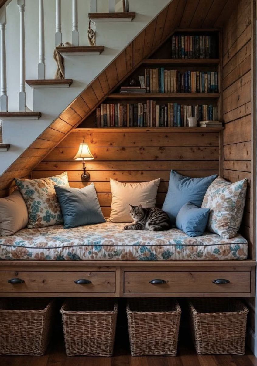 Cozy wooden under-stairs reading nook with floral cushions, a cat lounging, bookshelves, and soft lighting