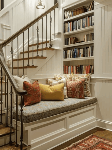 Built-in reading nook by staircase with colorful pillows and white bookshelves