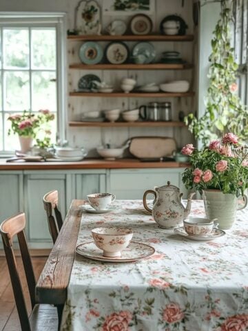 A charming kitchen styled in the Grandmacore aesthetic featuring a floral tablecloth, vintage teacups, a ceramic teapot, and open wooden shelves with antique dishware.