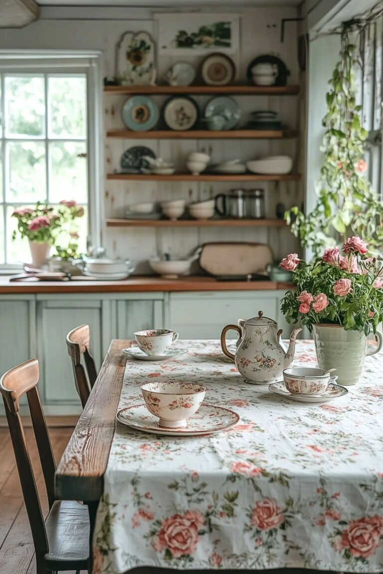 A charming kitchen styled in the Grandmacore aesthetic featuring a floral tablecloth, vintage teacups, a ceramic teapot, and open wooden shelves with antique dishware.