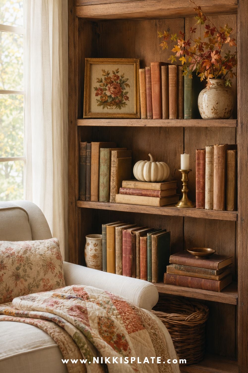 Warm wood bookshelf styled with vintage books, brass candlesticks, floral artwork and subtle autumn accents.