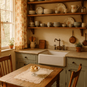 A cozy grandmacore kitchen with floral curtains, open wooden shelves displaying vintage dishware, a farmhouse sink, and a rustic wooden table with a lace runner and pears in a glass bowl.