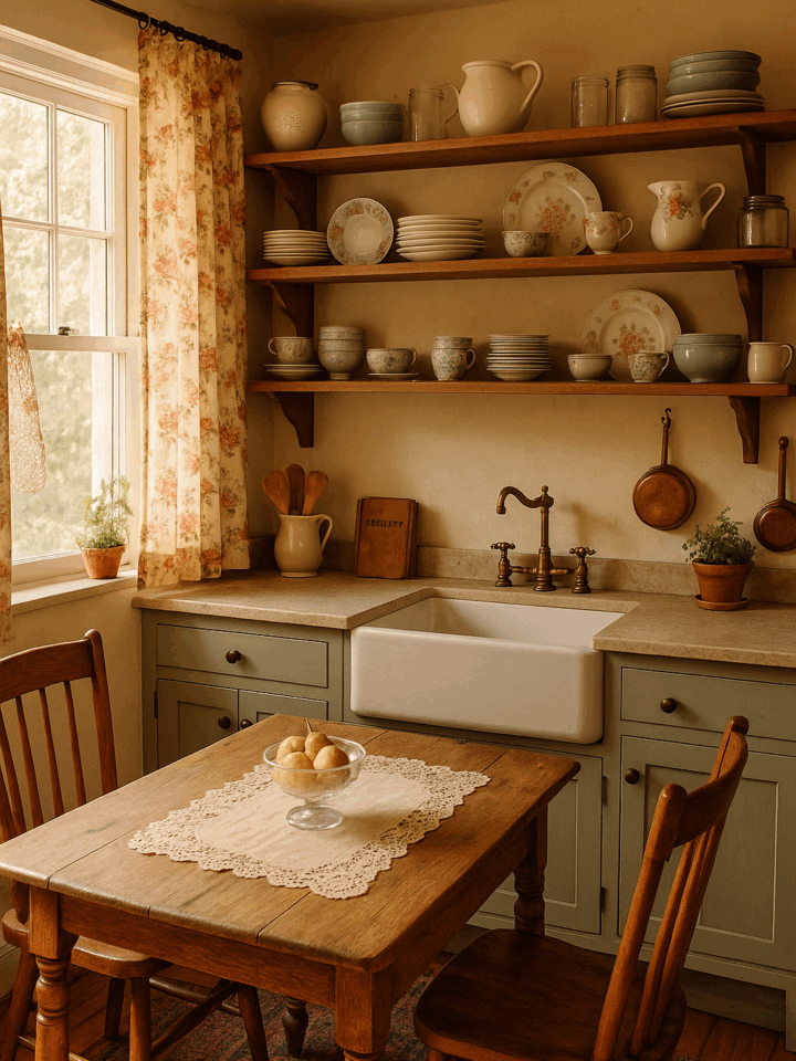 A cozy grandmacore kitchen with floral curtains, open wooden shelves displaying vintage dishware, a farmhouse sink, and a rustic wooden table with a lace runner and pears in a glass bowl.