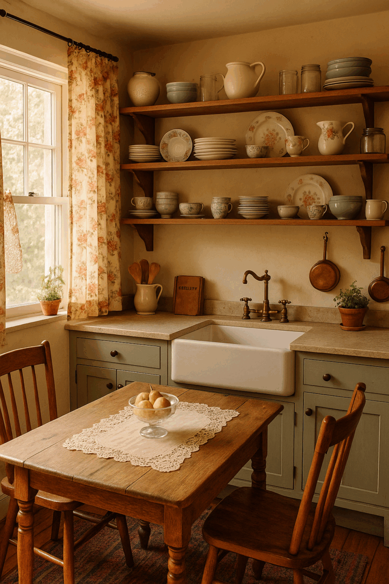 A cozy grandmacore kitchen with floral curtains, open wooden shelves displaying vintage dishware, a farmhouse sink, and a rustic wooden table with a lace runner and pears in a glass bowl.