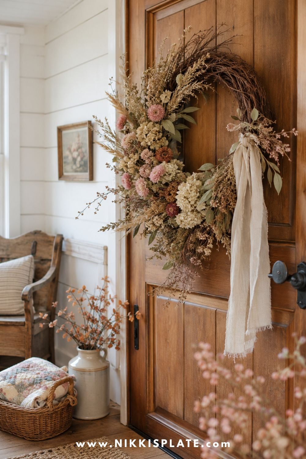 Handmade dried hydrangea and wheat wreath hanging on a warm wood door in a bright grandmacore farmhouse entryway.