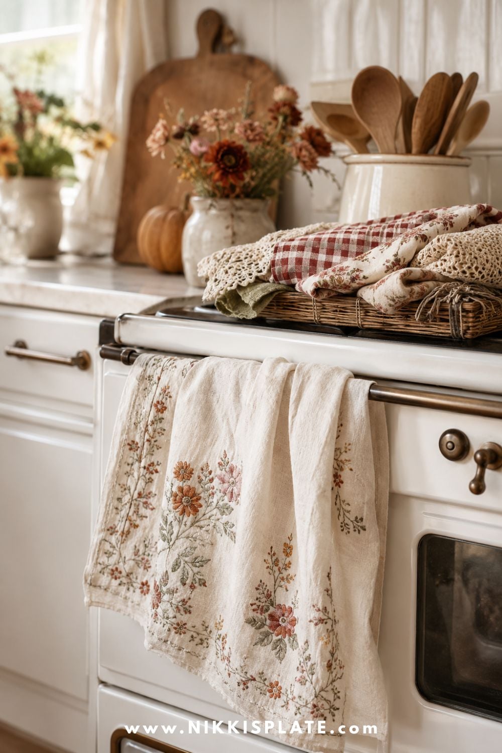 Embroidered floral tea towels and crochet-trimmed linens styled with wooden kitchen tools in a bright grandmacore kitchen.