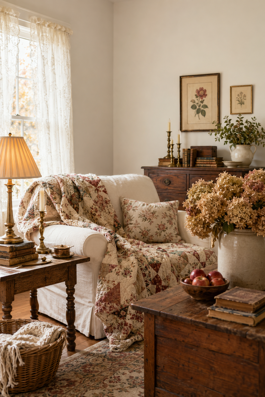 Cozy fall grandmacore living room with a patchwork quilt, vintage floral artwork, dried hydrangeas, dark wood furniture, old books and brass candlesticks.