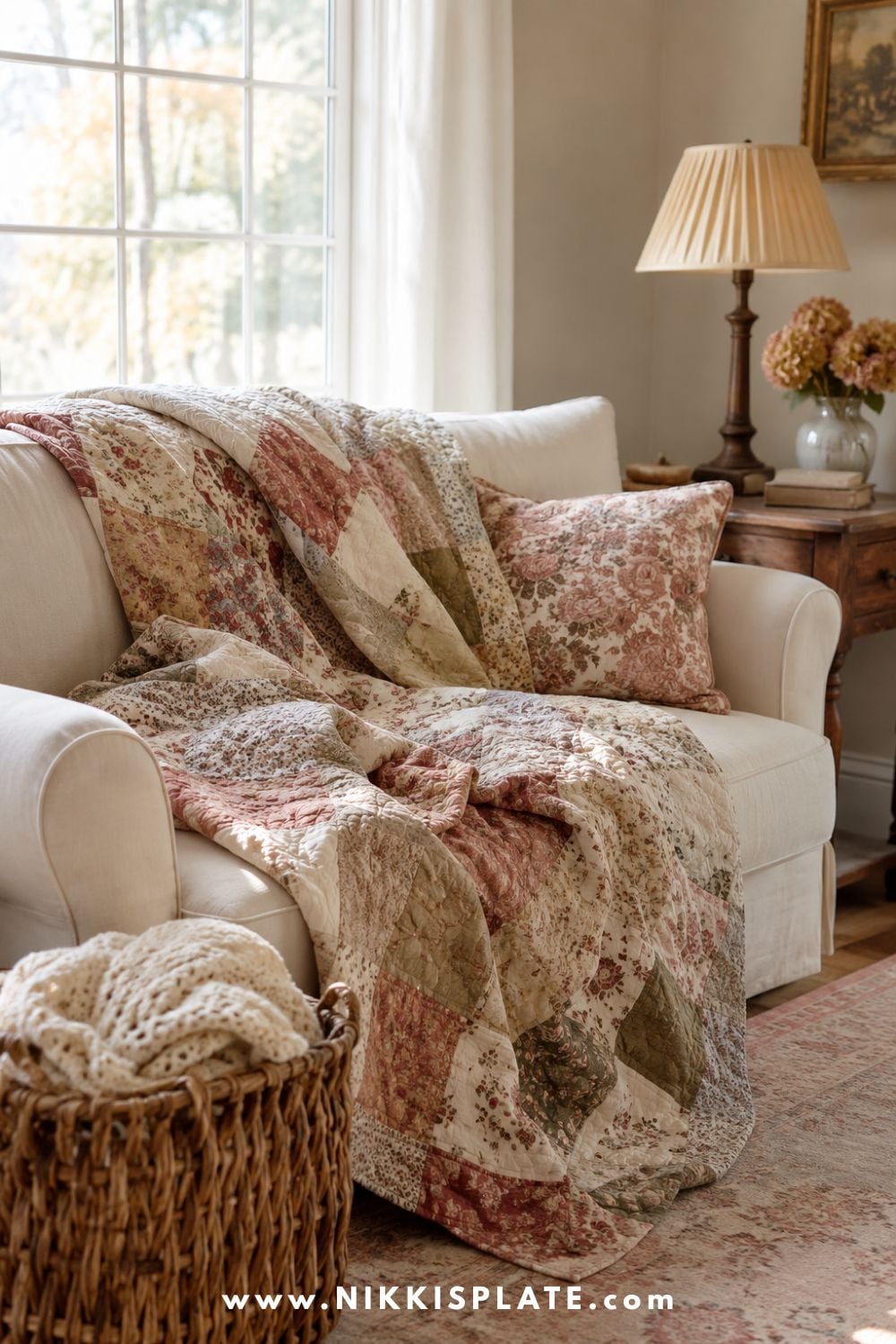 Patchwork heirloom quilt and cream crochet blanket layered over a linen sofa in a cozy grandmacore living room.