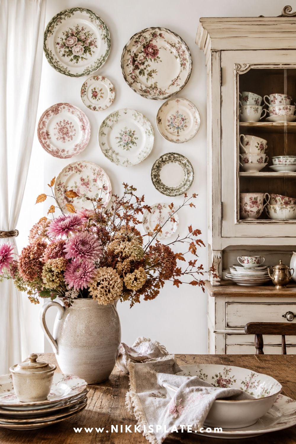 Vintage floral china displayed in a cream hutch with dried hydrangeas and chrysanthemums in a cozy fall grandmacore dining room.