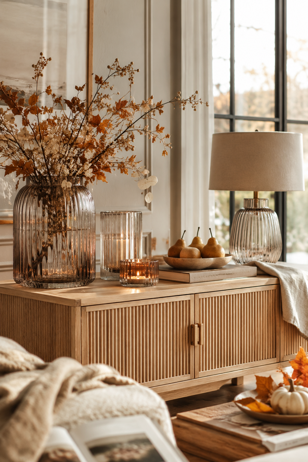 A cozy fall living room vignette featuring fluted glass and reeded details, with a light wood reeded cabinet styled beside a window. Ribbed glass vases, a matching glass lamp, glowing candles, pears in a bowl, soft autumn stems, and neutral fall accents create a warm and elegant seasonal look with layered texture, natural light, and cozy fall home decor.