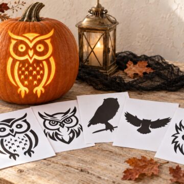 Fifteen free owl pumpkin carving stencils displayed beside a glowing owl jack-o'-lantern.