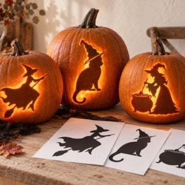 15 free witch pumpkin carving stencils displayed beside glowing witch jack-o'-lanterns.