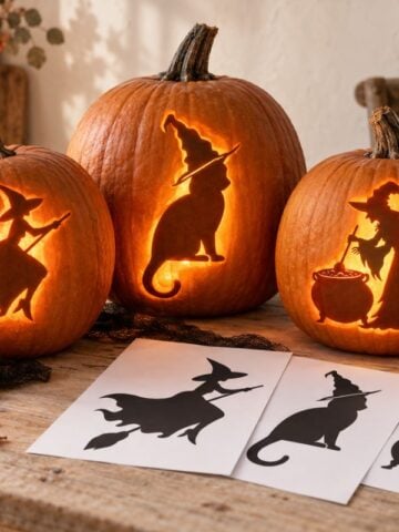 15 free witch pumpkin carving stencils displayed beside glowing witch jack-o’-lanterns.