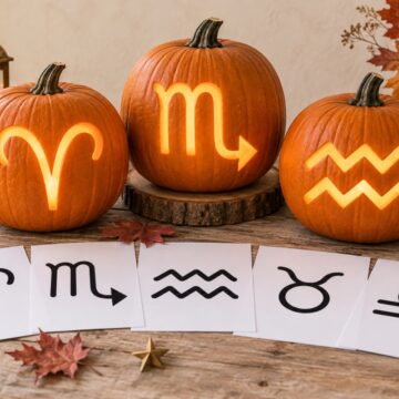 Twelve free zodiac pumpkin carving stencils displayed beside glowing celestial jack-o'-lanterns.