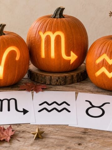 Twelve free zodiac pumpkin carving stencils displayed beside glowing celestial jack-o’-lanterns.