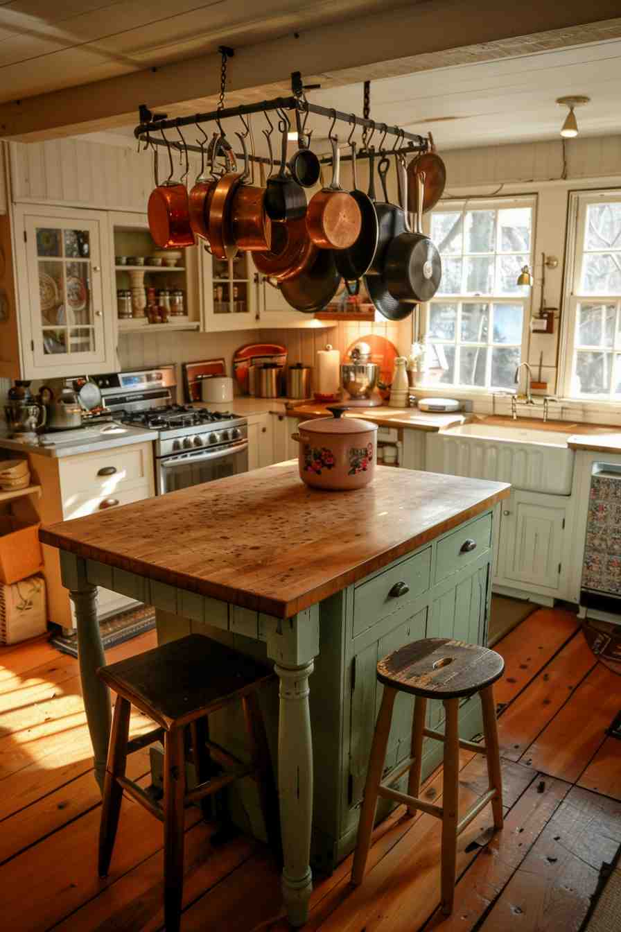 A warm grandmacore kitchen with copper pots and pans hanging from a ceiling rack above a rustic island, surrounded by vintage cabinetry, wooden floors, and farmhouse details.