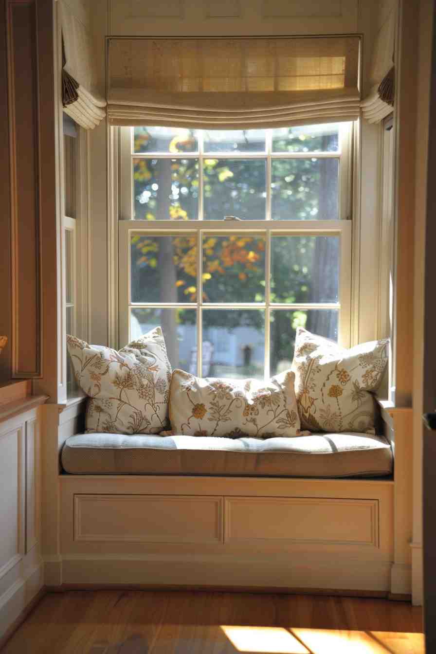 A charming reading nook with a cushioned window seat, decorated with floral patterned throw pillows and bathed in warm sunlight, creating a cozy grandmacore kitchen atmosphere.