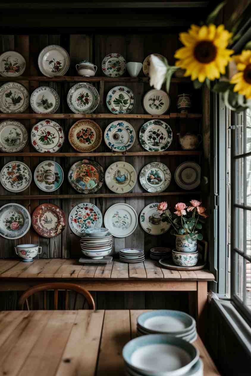 A grandmacore kitchen wall decorated with vintage floral plates and patterned china, displayed on rustic wooden shelves above a wooden table with stacked dishes and fresh flowers.
