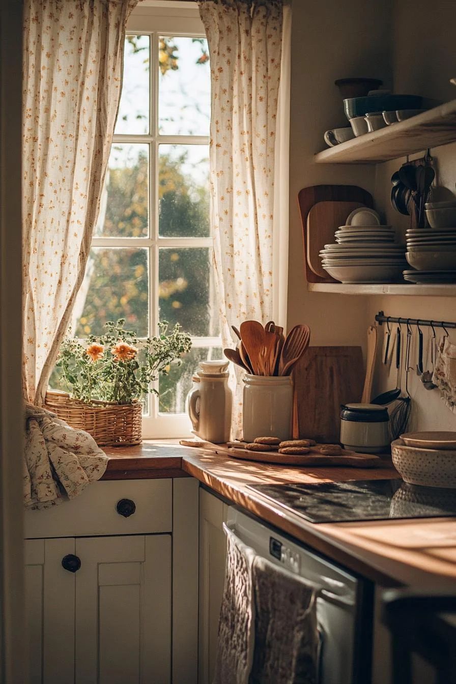 A cozy grandmacore kitchen with soft floral curtains framing a sunny window, a wicker basket of flowers on the sill, open shelves with stacked dishware, and a counter styled with vintage jars and wooden utensils.