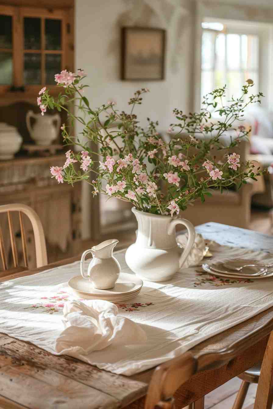 A rustic wooden kitchen table decorated with a hand-embroidered linen tablecloth, vintage ceramic pitchers, and a vase of pink flowers, creating a cozy grandmacore aesthetic.