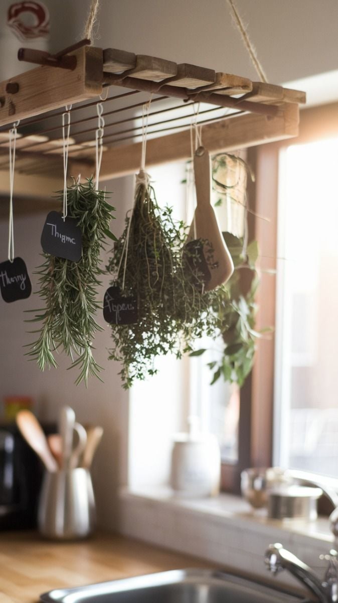 A cozy grandmacore kitchen detail with fresh herbs like rosemary and thyme hanging from a wooden drying rack above the counter, adding both charm and practicality to the space.