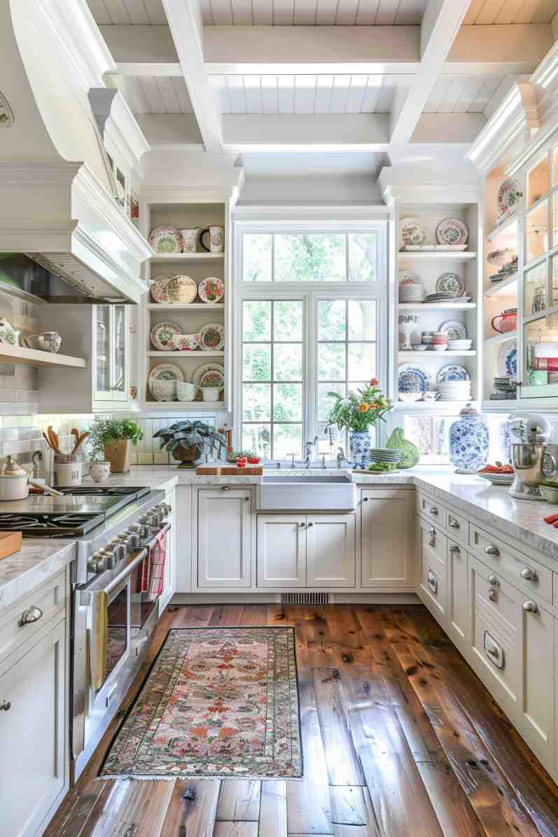 A bright grandmacore kitchen with open shelving displaying vintage floral dishware, a farmhouse sink under a large window, white cabinetry, and a patterned rug on rustic wood floors.