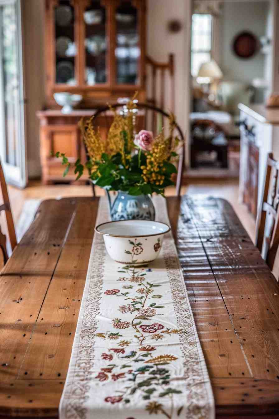 A rustic wooden dining table styled with an embroidered floral table runner, a vintage floral bowl, and a vase of fresh flowers, creating a cozy grandmacore kitchen atmosphere.