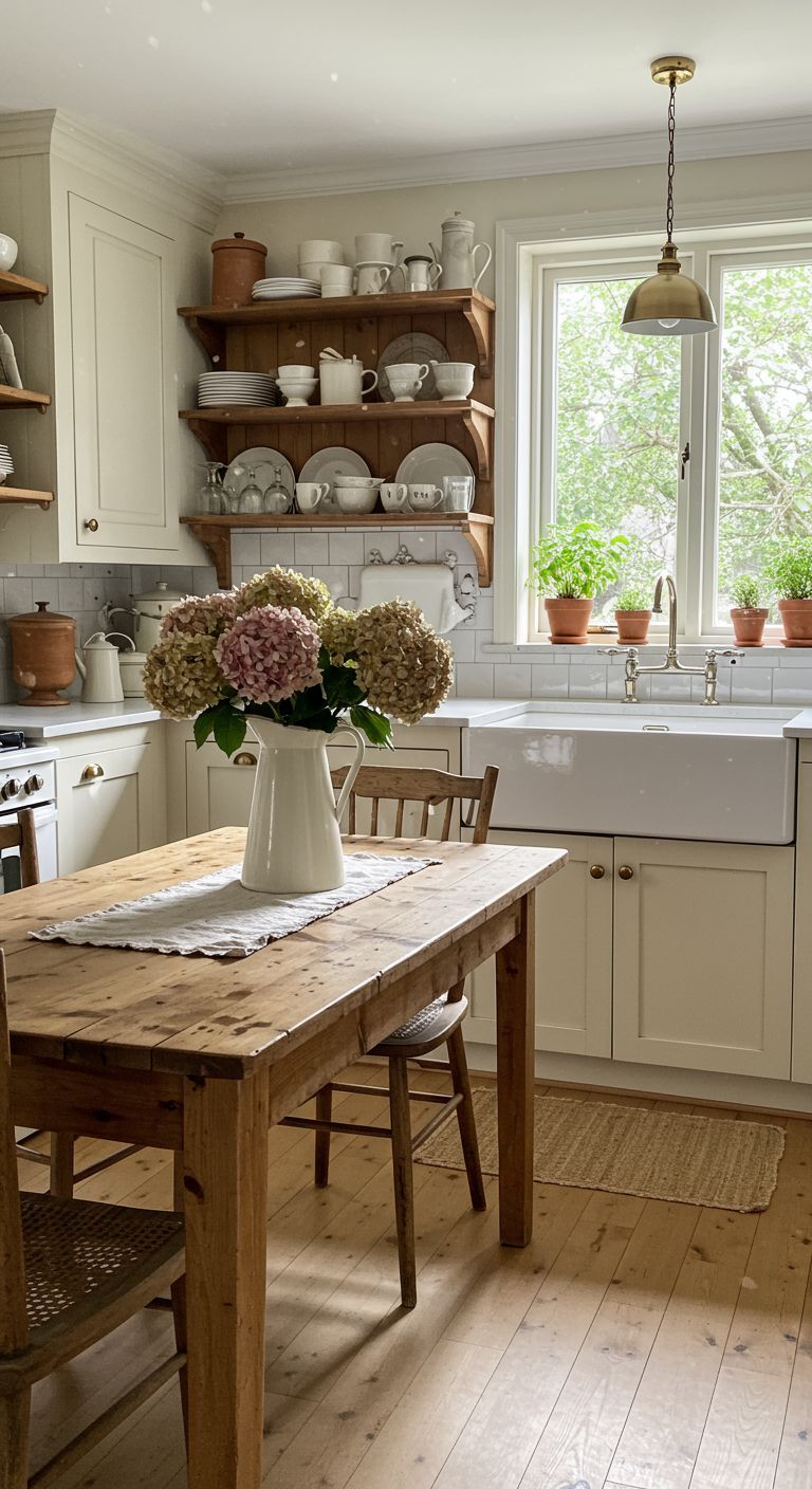 A cozy grandmacore kitchen with wooden open shelves displaying a collection of teacups and vintage dishware, a rustic wooden table with a vase of hydrangeas, and terracotta pots of herbs on the windowsill.