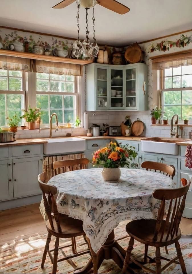 A cozy grandmacore kitchen with a rustic wooden table covered in a floral tablecloth, surrounded by vintage chairs, a farmhouse sink, open shelving, and a faded patterned rug adding warmth to the space.