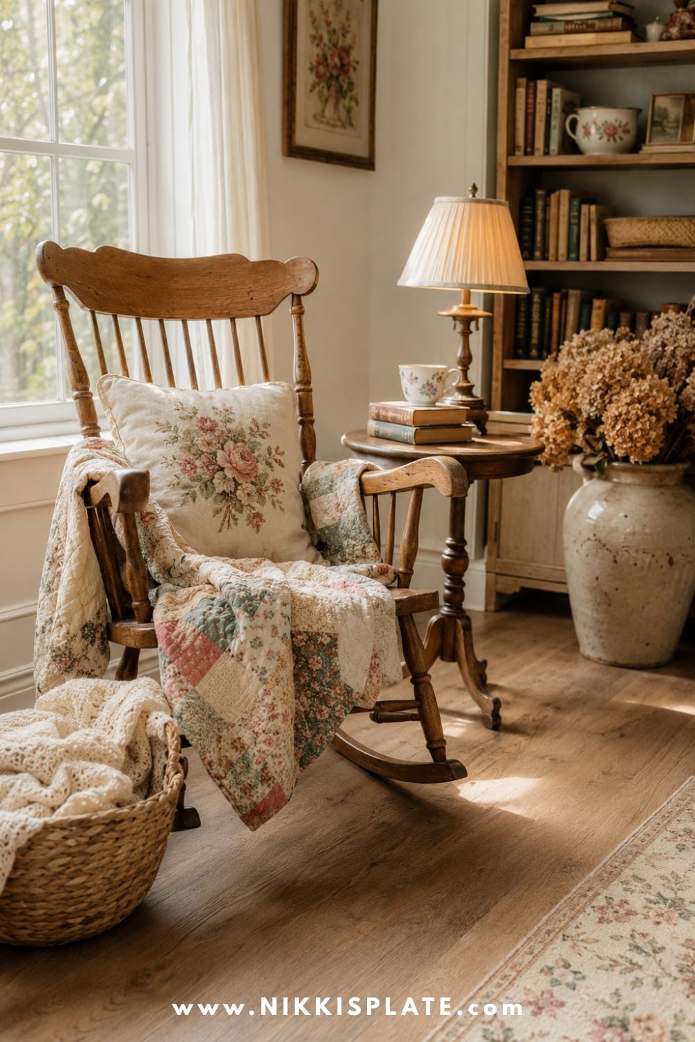 Vintage wooden rocking chair with an embroidered cushion and patchwork quilt beside a bright farmhouse window and bookcase.