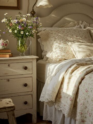 Cozy Grandmacore bedroom with floral bedding, lace trim quilt, vintage nightstand, and wildflower bouquet in glass pitcher – perfect example for a Grandmacore vs Cottagecore décor comparison.