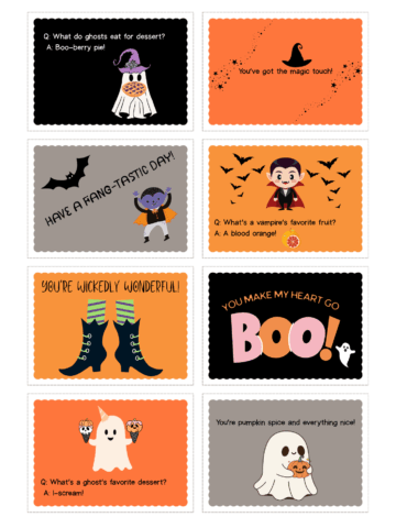 Cute Halloween lunchbox notes with ghosts, vampires, witches, and kid-friendly Halloween jokes and puns.