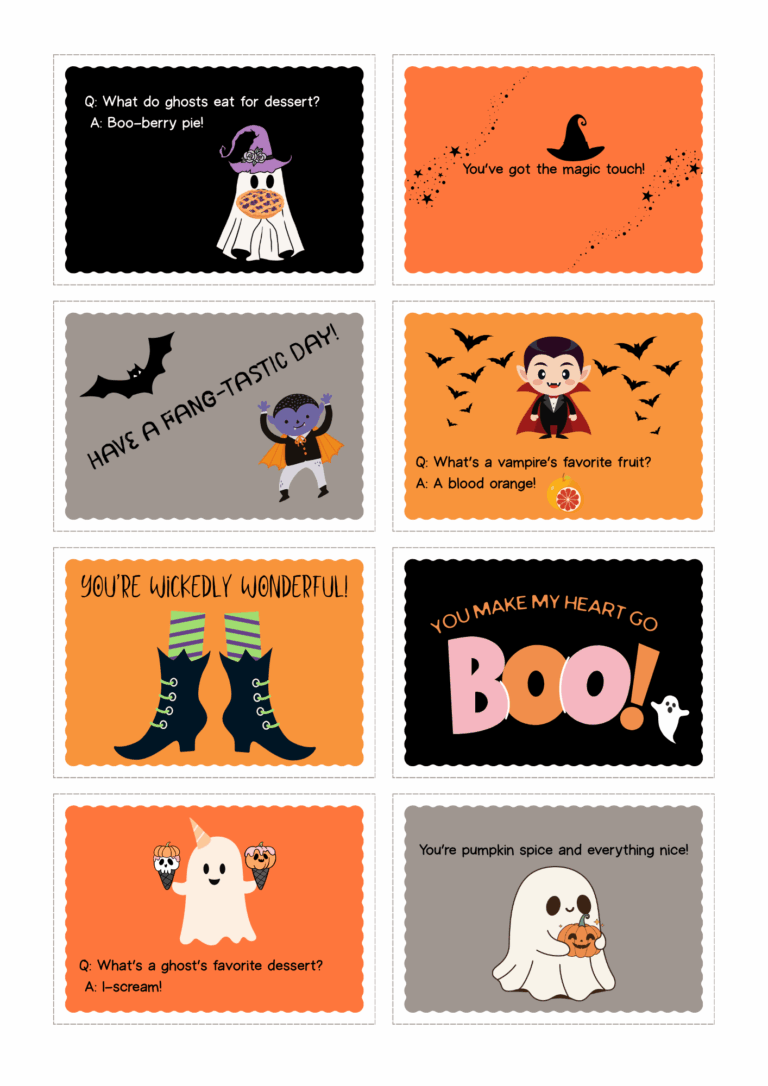 Cute Halloween lunchbox notes with ghosts, vampires, witches, and kid-friendly Halloween jokes and puns.