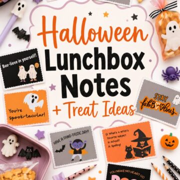 A vertical Pinterest graphic featuring four colorful Halloween lunchbox notes with playful ghost illustrations, skeleton jokes, and festive messages like