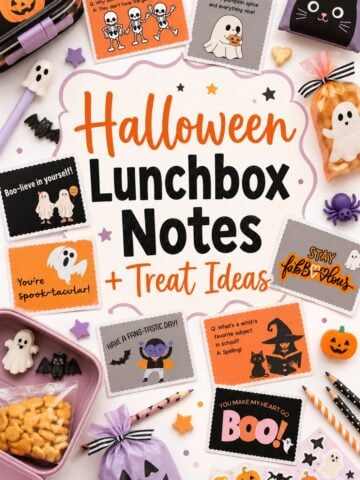 A vertical Pinterest graphic featuring four colorful Halloween lunchbox notes with playful ghost illustrations, skeleton jokes, and festive messages like