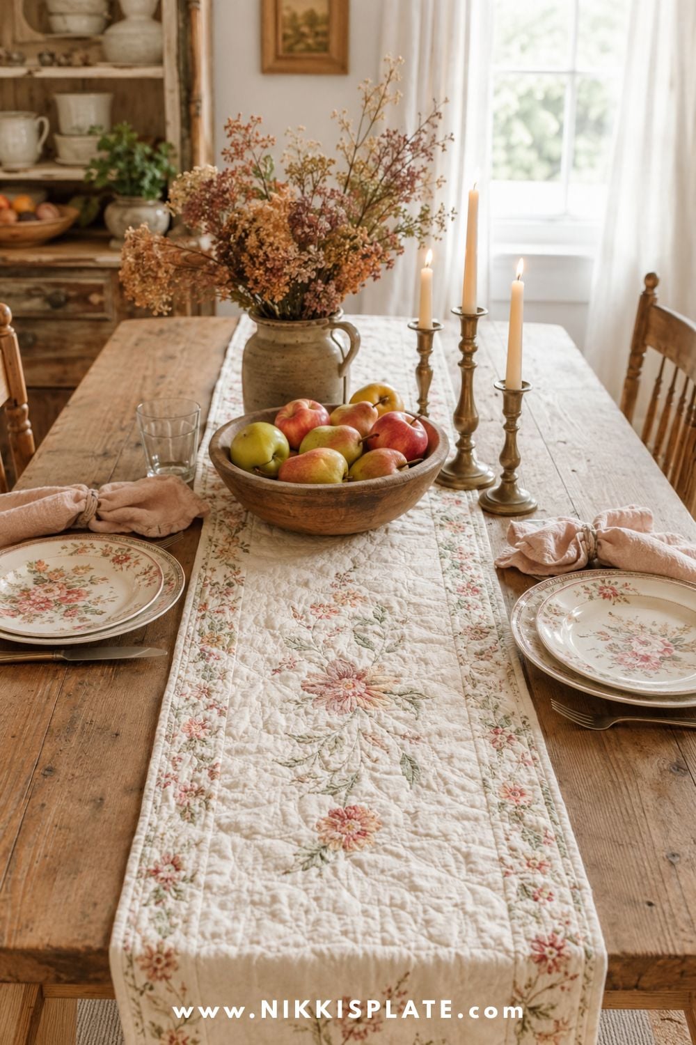 Handmade floral table runner styled with apples, dried flowers and brass candlesticks on a warm wood farmhouse table.