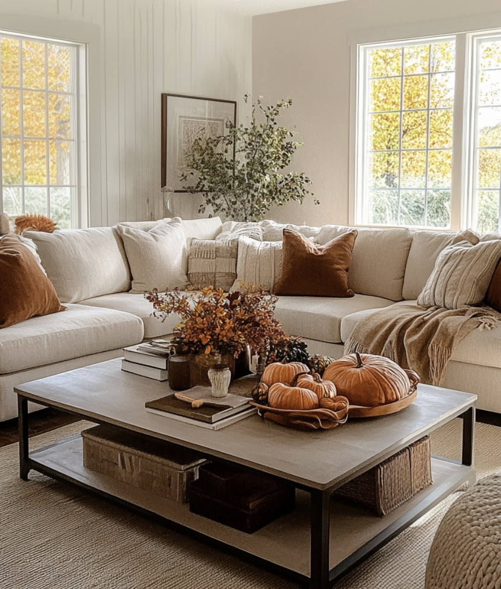 Cozy fall living room featuring a cream sectional, velvet throw pillows, knit blanket, wood and ceramic decor, and a coffee table styled with pumpkins and dried florals.